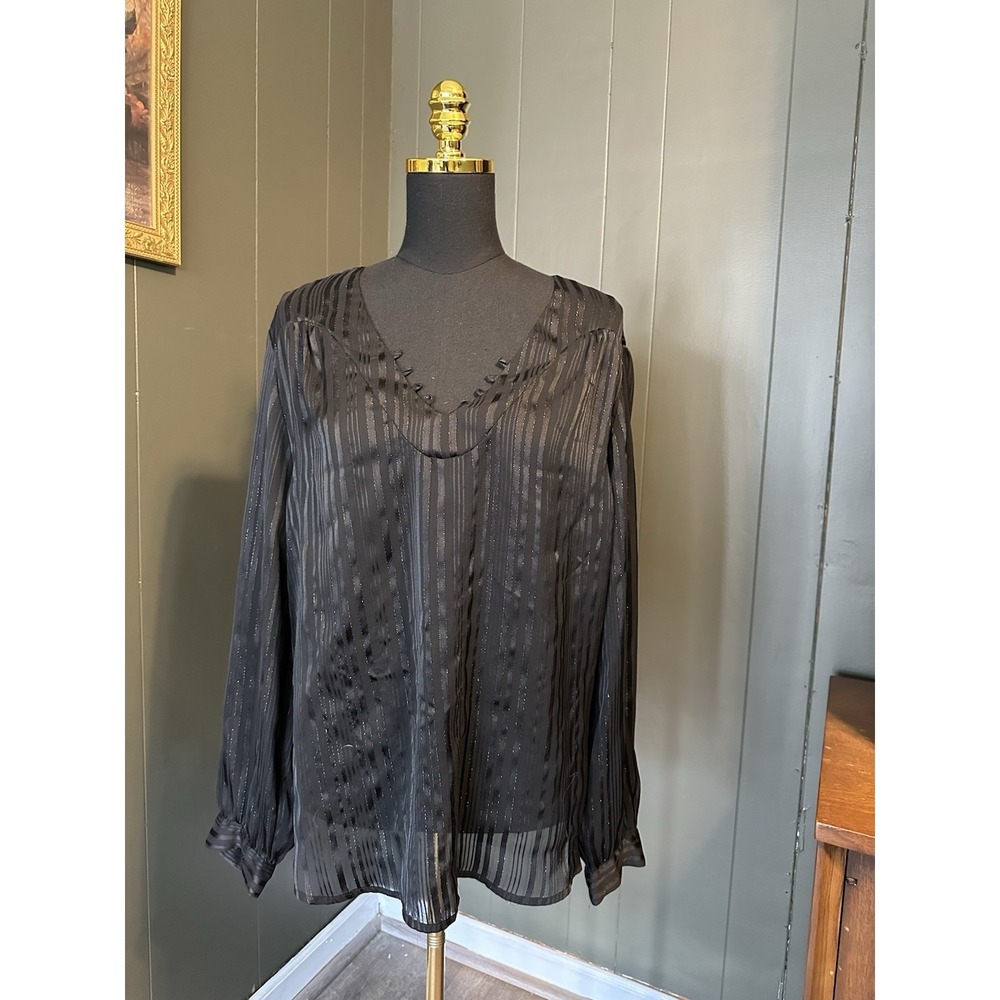 Faded Glory Black Striped Sheet Long Sleeve Blouse Top XL Extra Large